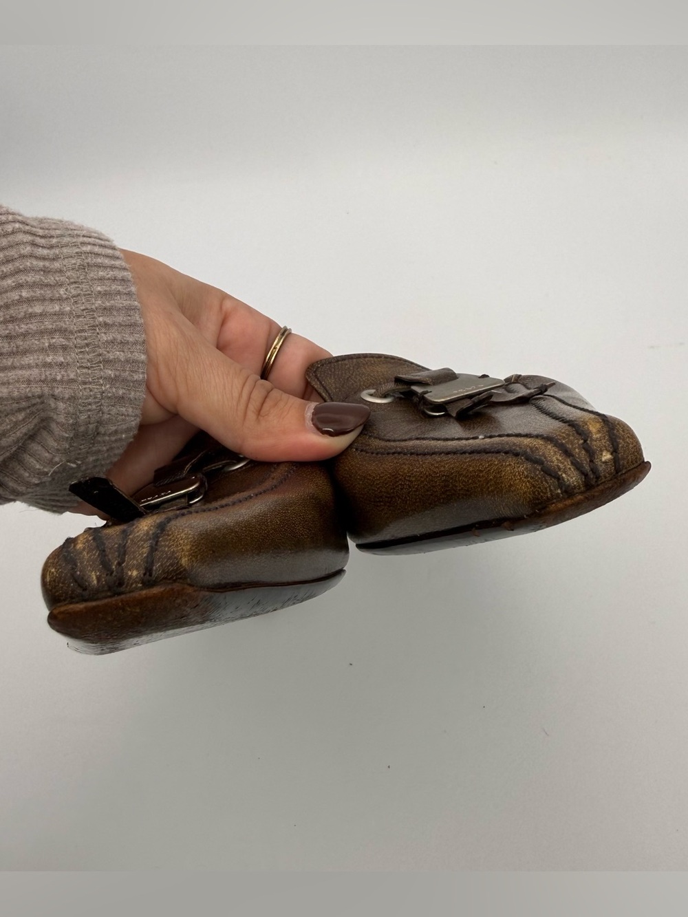 Vintage Prada Bronze Brown Leather Kitten Heel Mule Slides Sz 35.5 Made in Italy - Picture 14 of 17